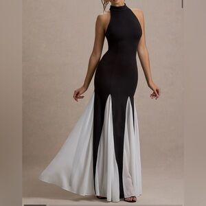 Club L London LITZY BLACK HIGH-NECK MAXI DRESS WITH WHITE CHIFFON TRIM